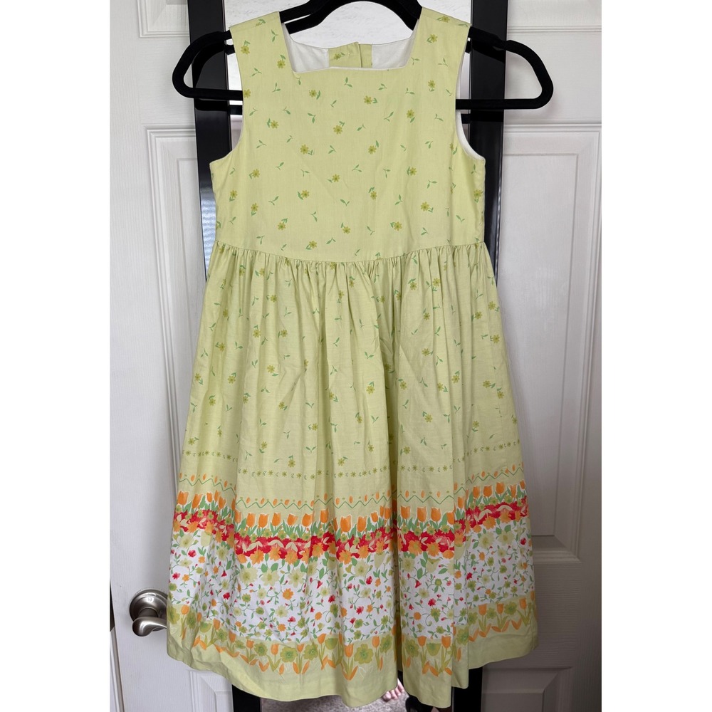 Vtg Talbots Kids Girls Green Floral Tulip Border Cotton Dress Size 6X 11-412